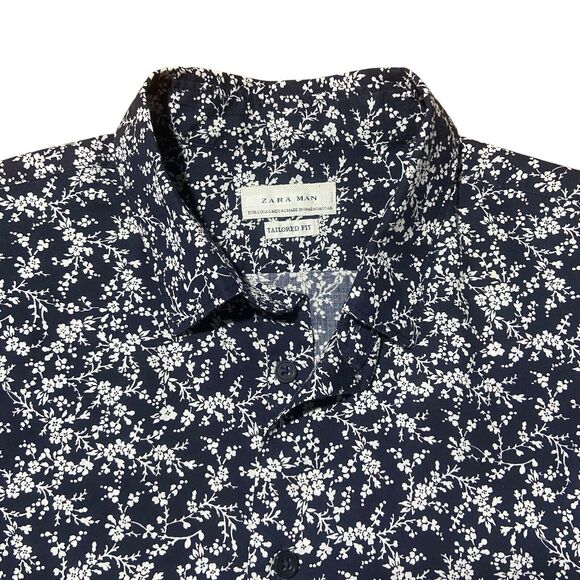 ZARA MEN Tailored Fit Long Sleeve Button Shirt Size L Navy Blue White Floral - Picture 3 of 12